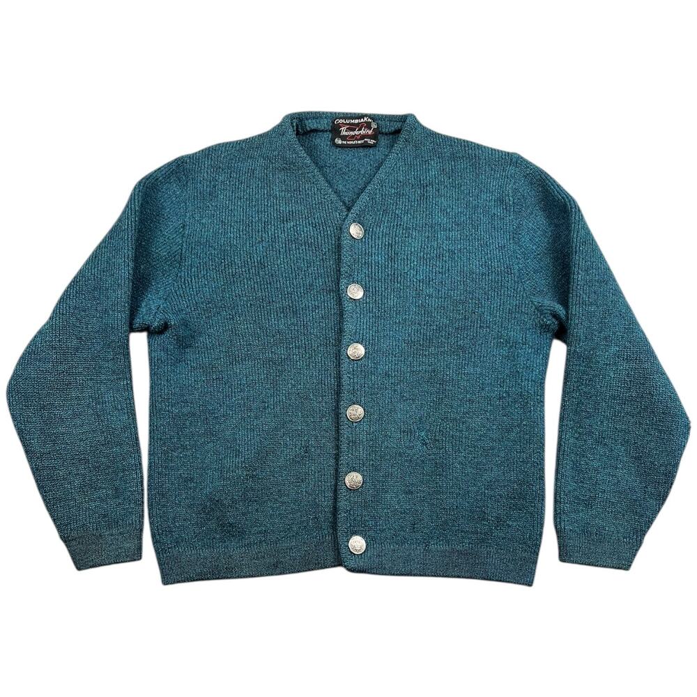 Vintage Columbia Thunderbird Knit Cardigan Sweater Teal Virgin Wool - XS/S